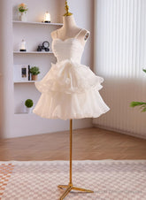 White Tulle Straps Short Graduation Dress, White Tulle Sweetheart Prom Dress